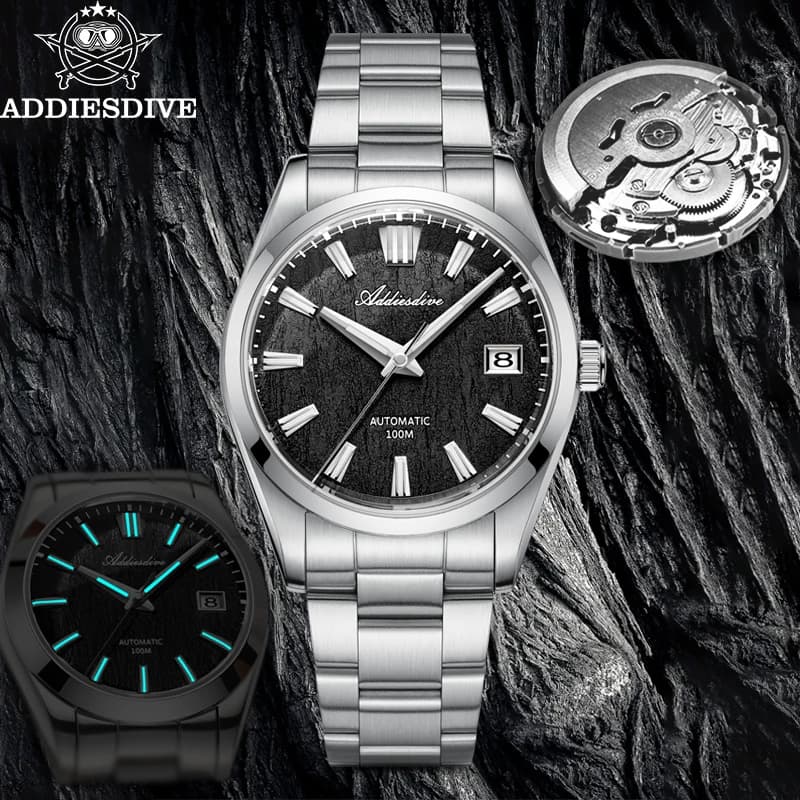 ADDIESDIVE Top Brand Men Automatic Watch NH35 Sapphire Glass Fashion Bark Texture Dial Waterproof Stainless Steel Men's Watches