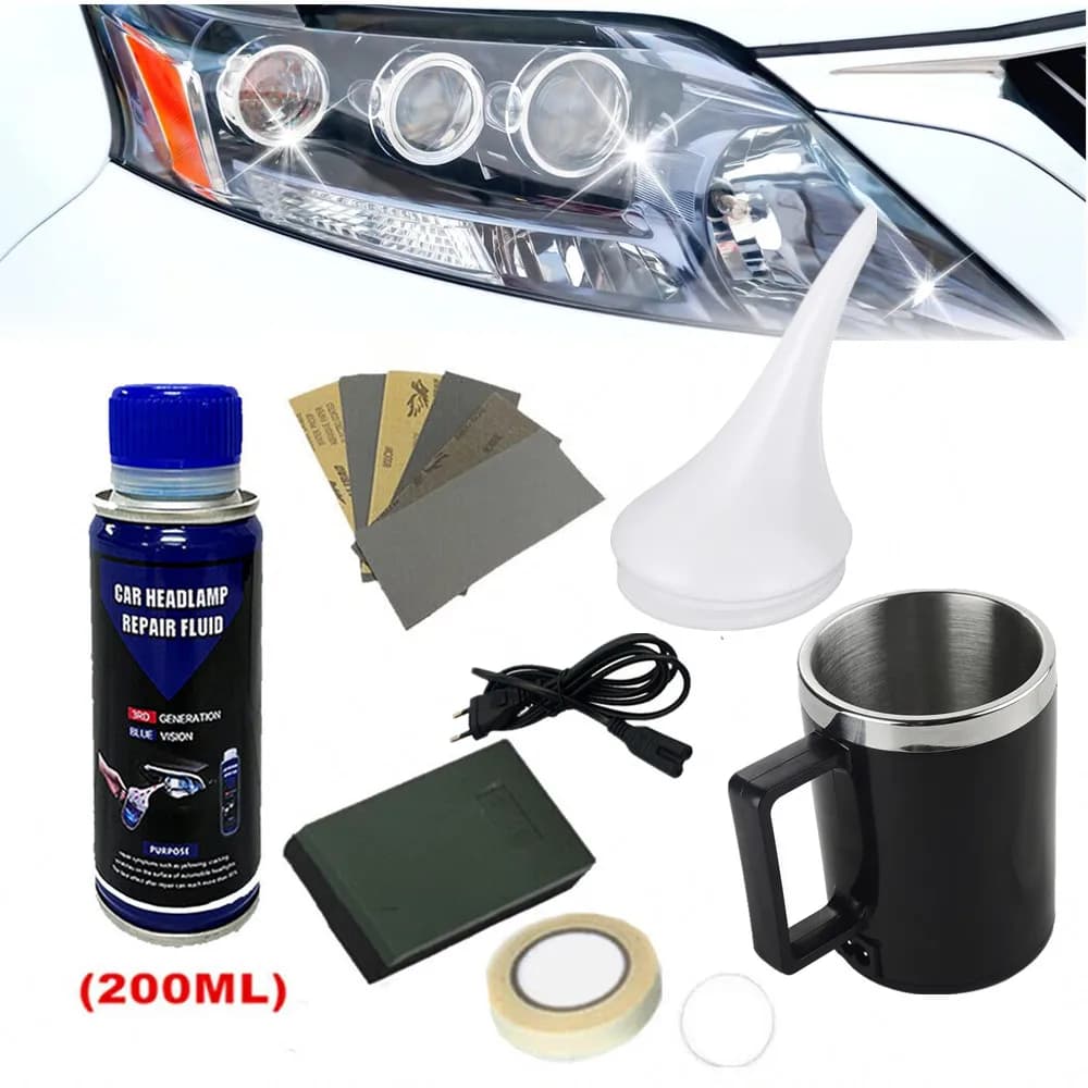 Kit di ripristino del liquido per la riparazione dei fari dell'auto, strumento per la tazza di atomizzazione per la rimozione dei graffi della lampada del faro polimerico
