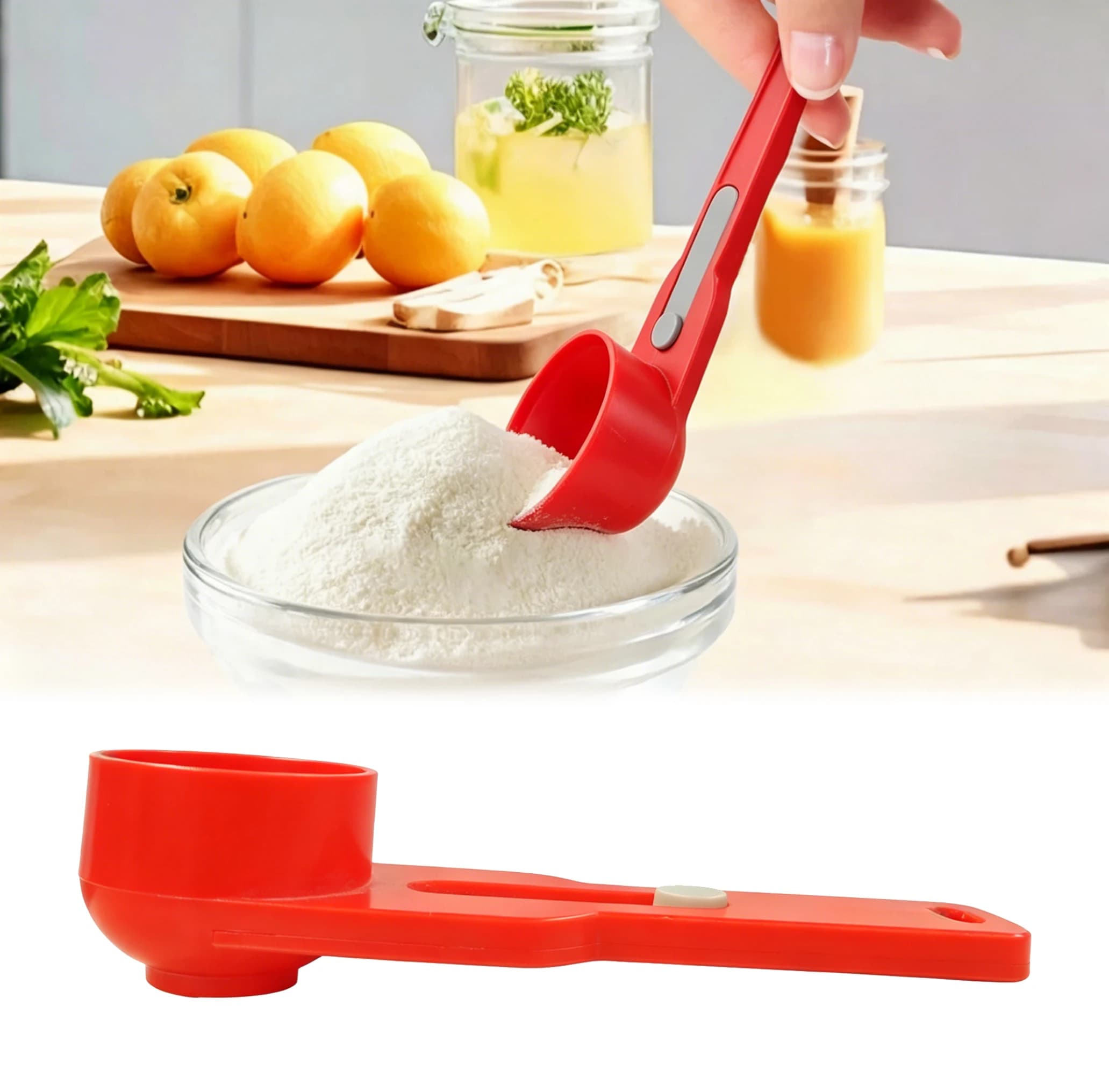 Cucchiaio dosatore anti-goccia con manico lungo e imbuto scorrevole integrato per la preparazione di proteine in polvere, bevande per allenamento e sport