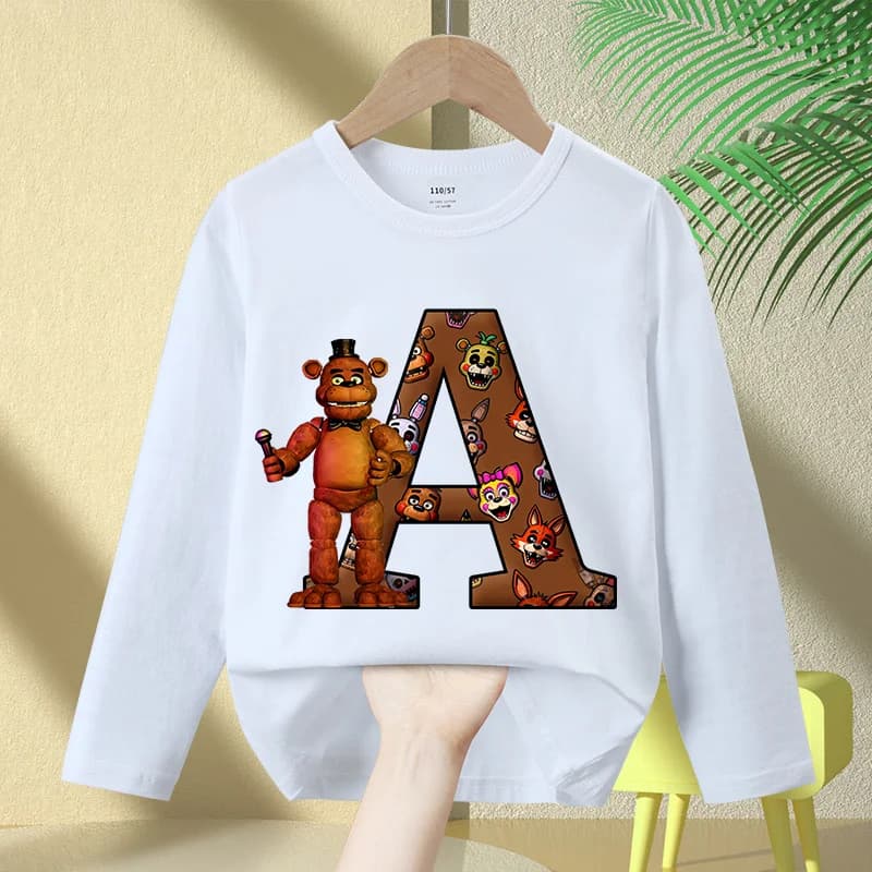Fnafs Nuova maglietta a maniche lunghe per bambini Five Nights At Freddys Letter Clothing Casual Caftan Kids Abiti bianchi Camicetta con colletto tondo Regalo