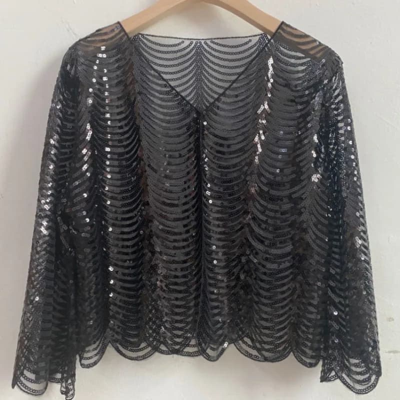 New Trendy Autumn and Winter Short Jacket Mesh Sequins V-neck Top Temperament for Women