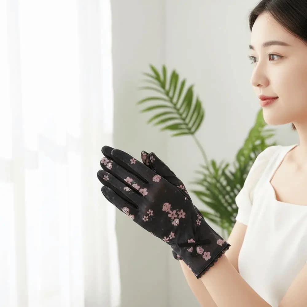 1 Pair Breathable Sunscreen Gloves Silicone Anti Slip Thin Lace Mesh Gloves Sun Protection Floral Printed Summer Driving Mittens