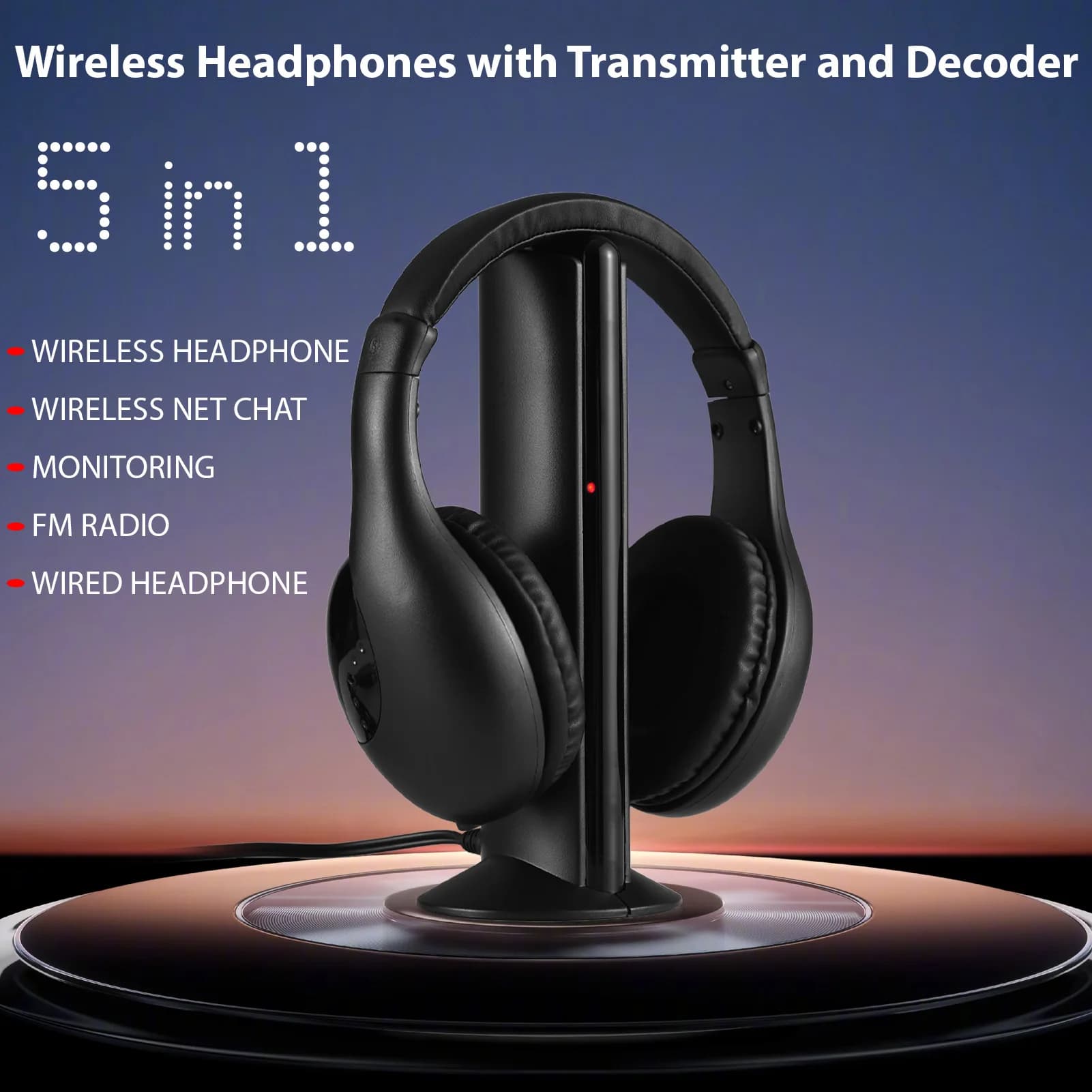 Wireless Headphones for TV viewing with transmitter and decoder TV Headphones 5 in 1 over Ear Range 98 Foot Wireless Radio FM
