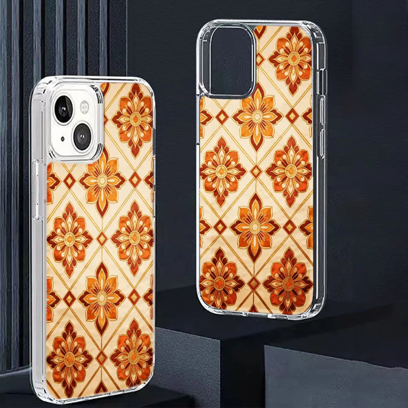Floral Pattern, Phone Case, Acrylic And Tpu Material Ring Magnetic Design, Vintage Tile Artistic Print, Transparent Edge With Precision Cutouts, For Daily Use And Fashion Statement