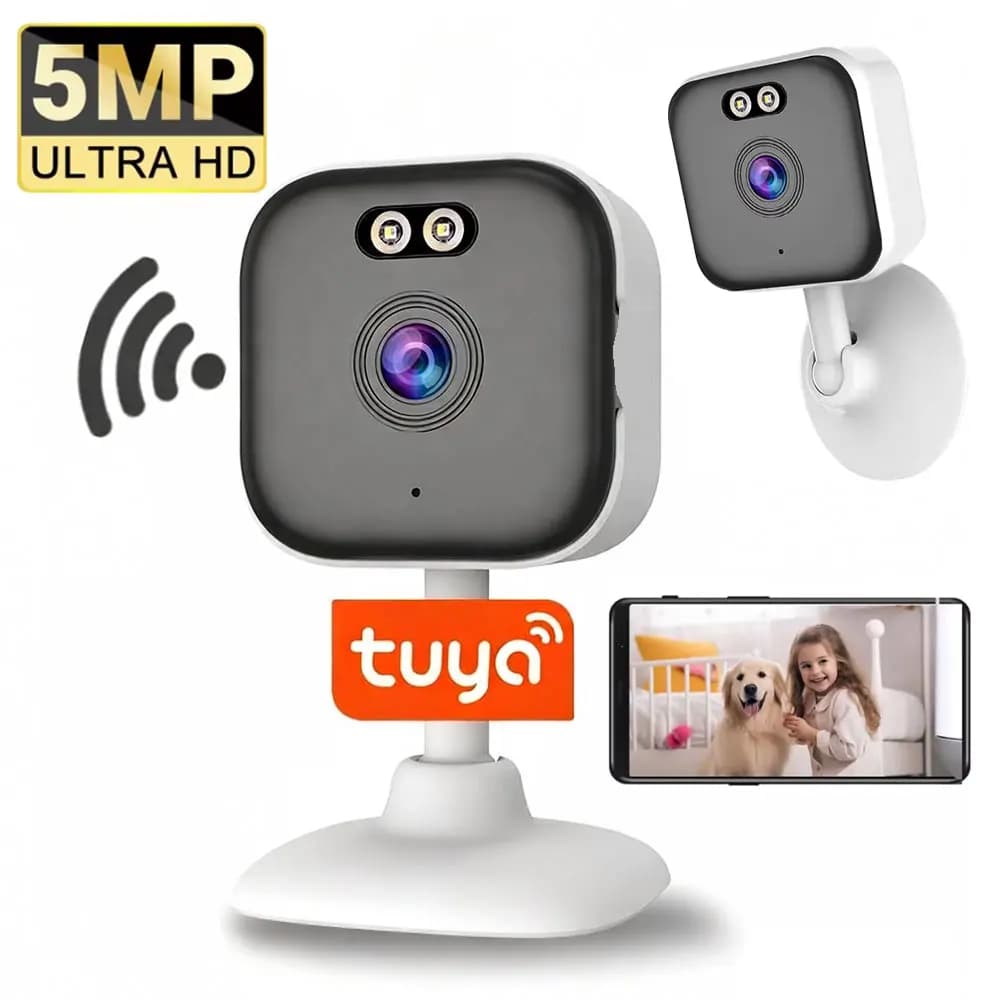 Telecamera WiFi Mini 5MP SMART LIFE, Videocamera IP Wireless HD per Sorveglianza Interna con Rilevamento di Movimento, Monitor per Bambini Smart Home Tuya