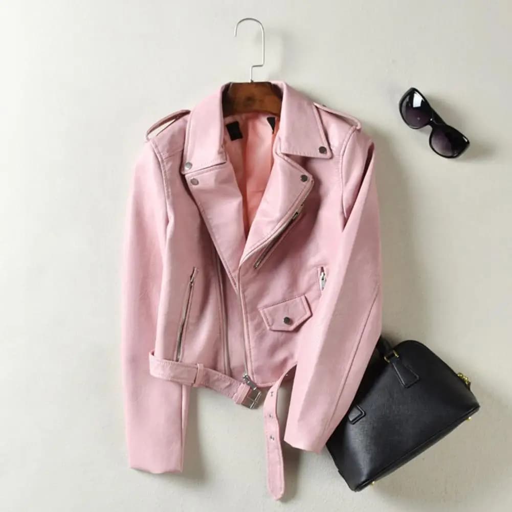 Giacca da donna in tinta unita, cappotto da donna, giacca da donna in ecopelle con superficie liscia, colletto a risvolto, giacca da motociclista con cerniera