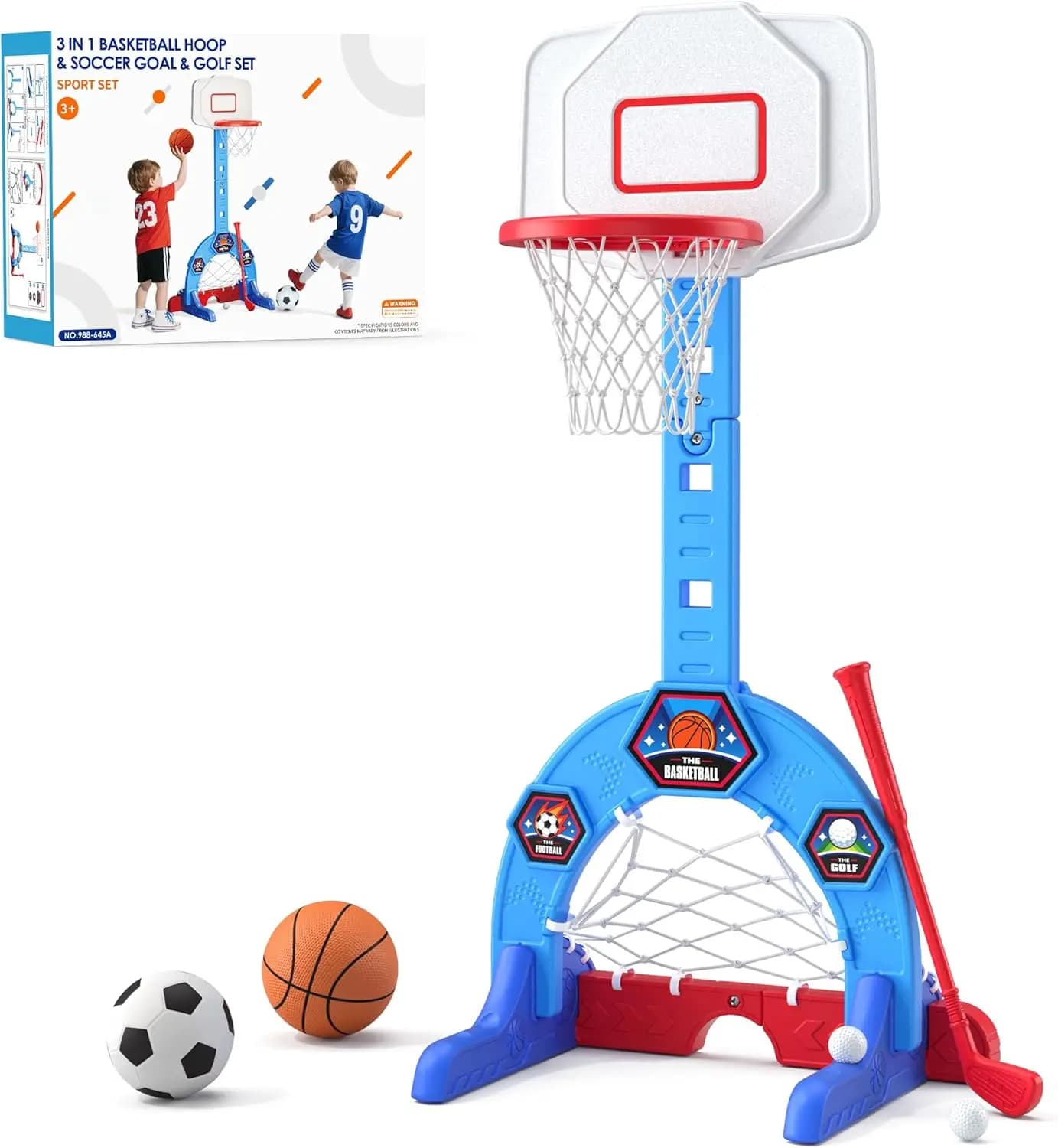 3-in-1 Sports Centre with Football, Golf, Adjustable Basketball Basketball for Indoor and Outdoor Game, Blue Toy Gift