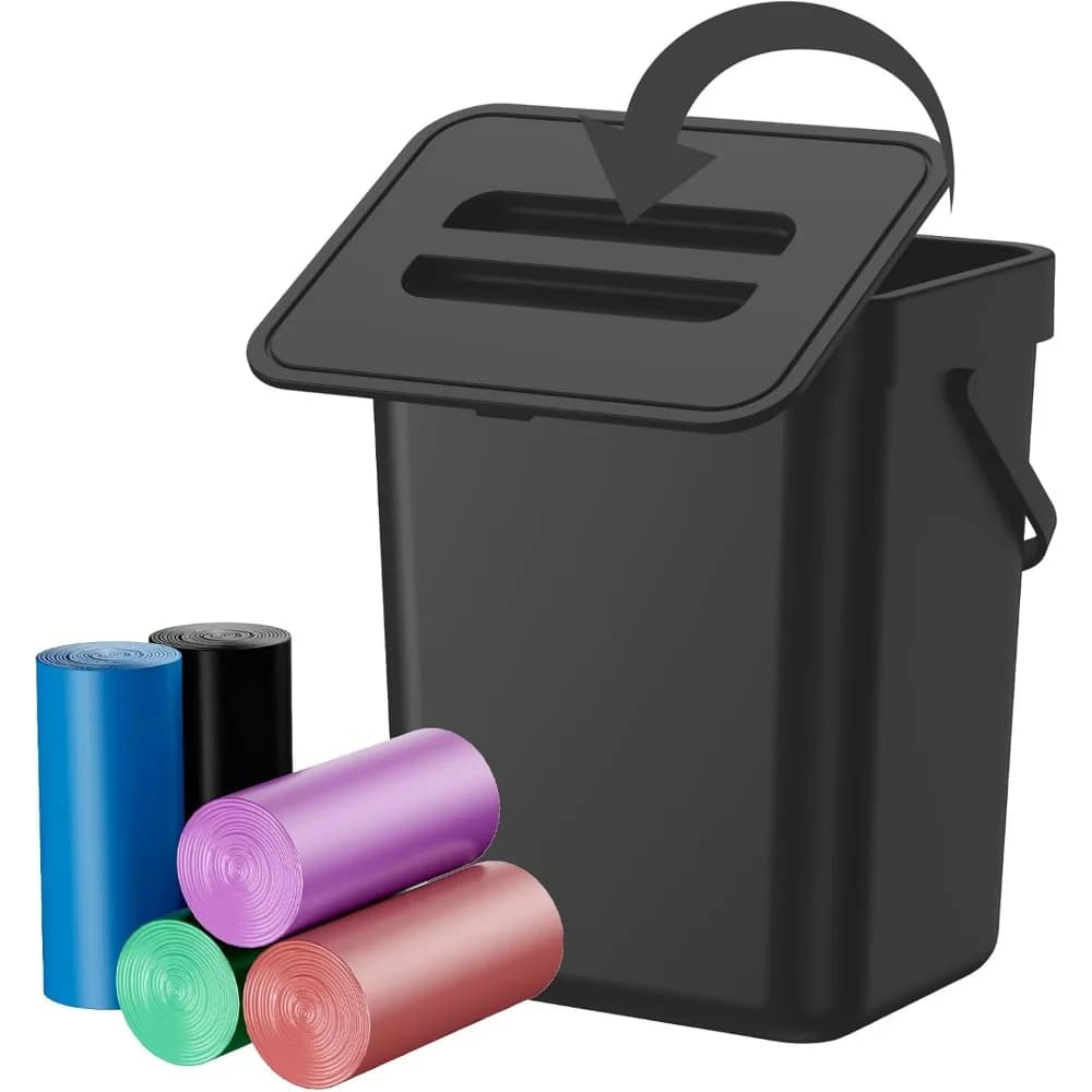 Cestino per compost sospeso con coperchio, include 100 sacchetti della spazzatura, a prova di animali domestici e antiodore per cucina, bagno, ufficio (nero, 0,8 gal)