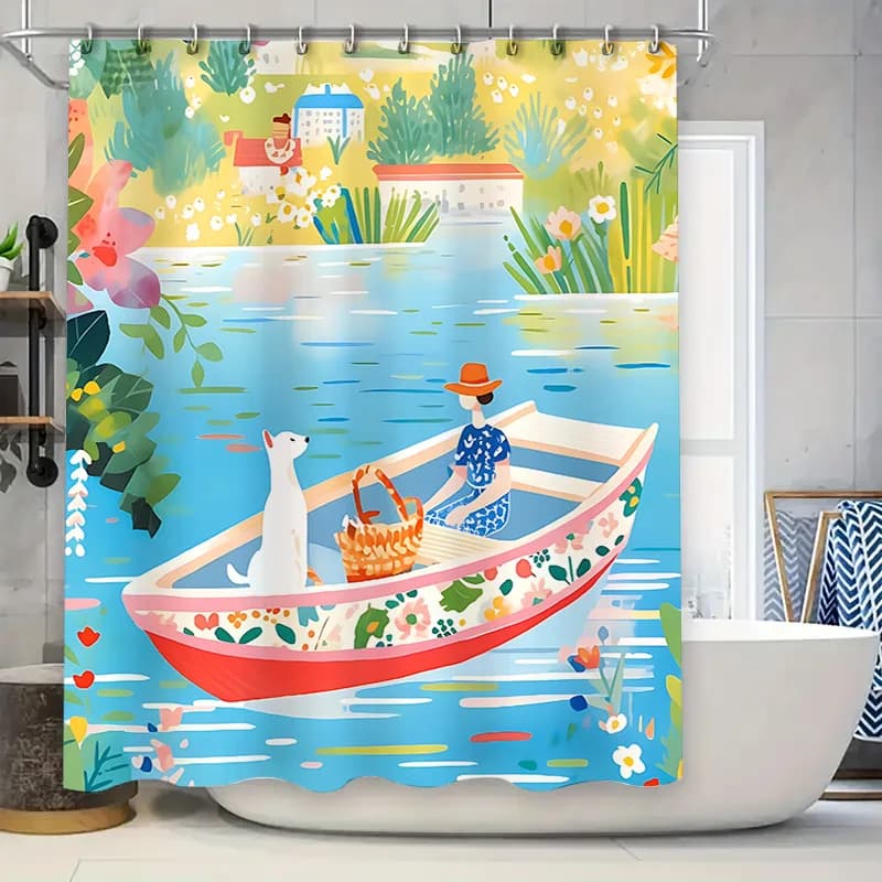 Tenda da doccia con illustrazioni colorate per bagno, opere d'arte acquerello vibranti con una donna e un cane su una barca, impermeabile e durevole