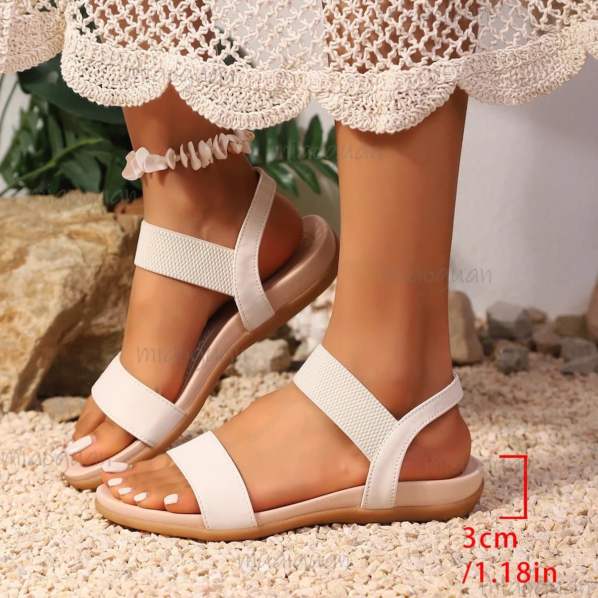 Women's Knit Elastic Cloth Flat Sandals Roma lightweight Plus Size Comfort Flats Summer Beach Vacation Elastic Strap Shoes