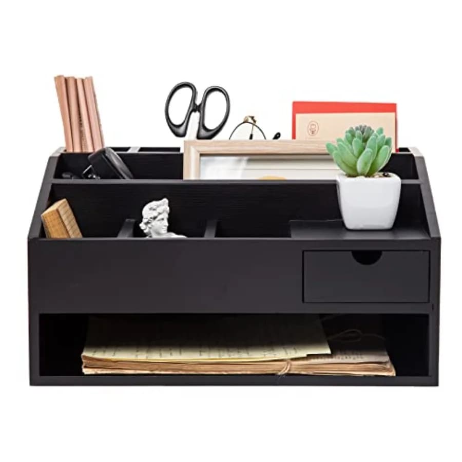 Organizzatori per cassetti da scrivania in legno con portadocumenti e portapenne, set decorativo per l'organizzazione dell'ufficio e della casa, ideale per organizzare gli accessori da ufficio.