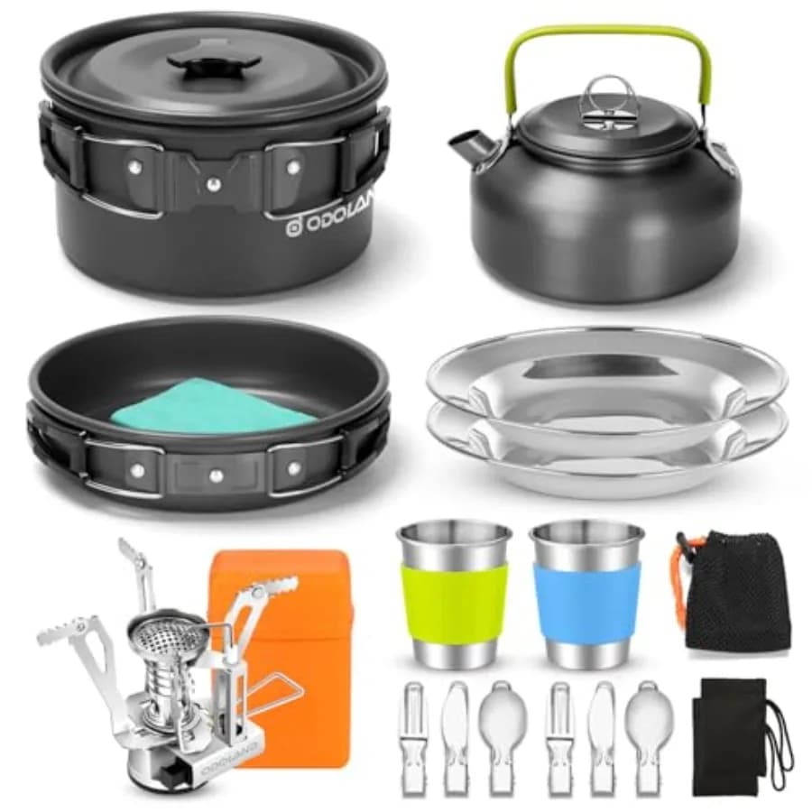 Set da 16 Pezzi per Cucina da Campeggio con Fornello Pieghevole, Pentole e Padelle Antiaderenti Leggere, Bollitore e Set di Tazze e Piatti in Acciaio Inossidabile