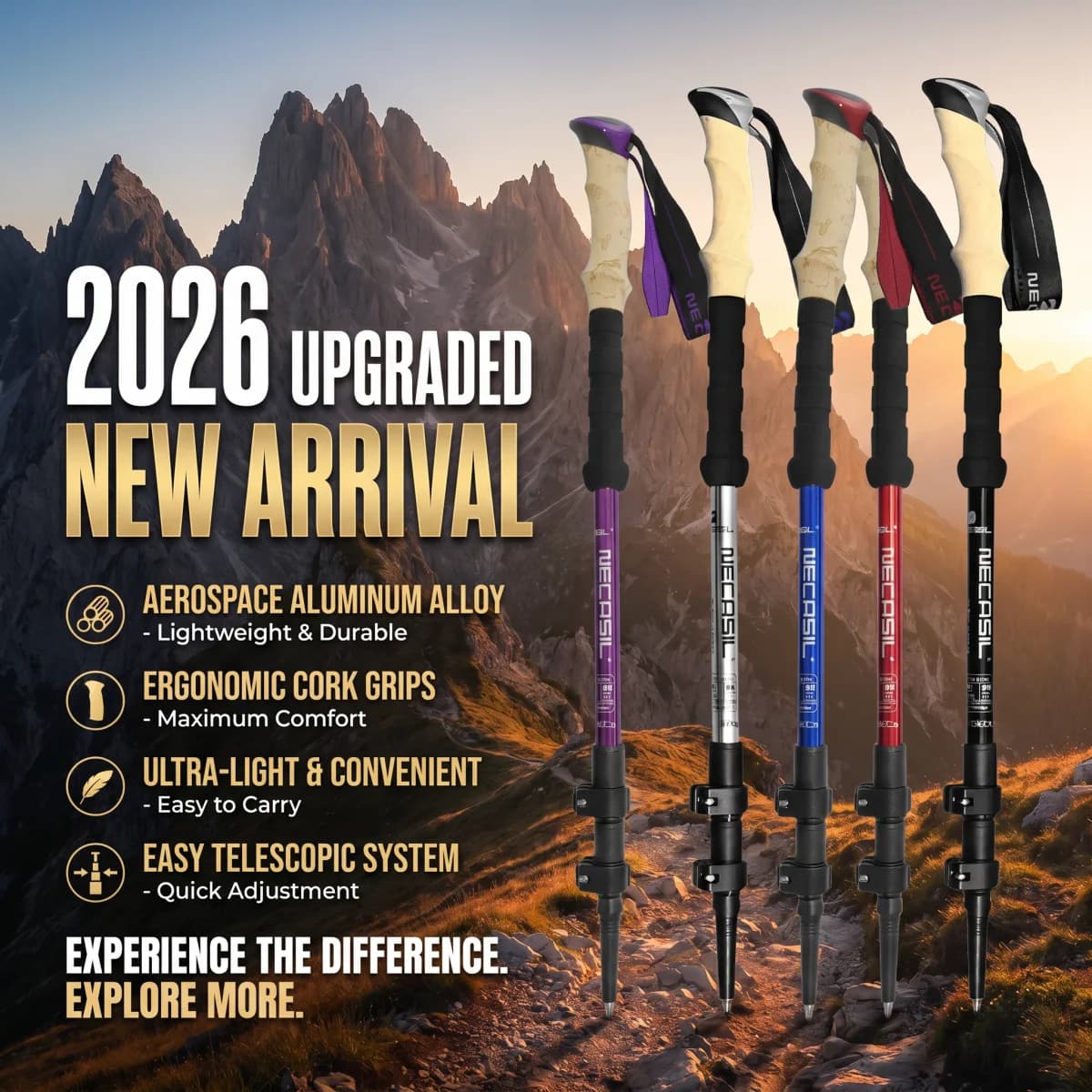 2026 New Upgrade 2PCS Aluminum Hiking Sticks Telescoping Trekking Poles Ultralight Portable Climbing Walking Stick Mountaineerin