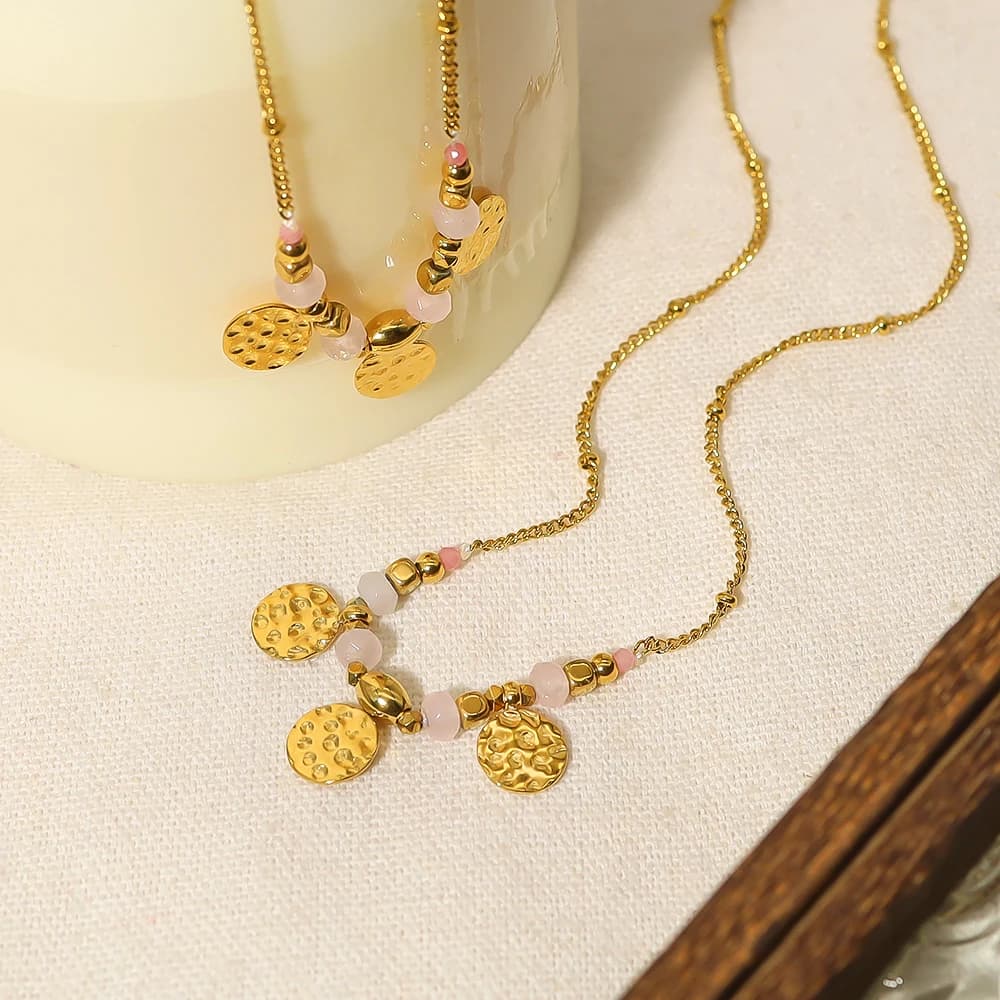 WILD & FREE New In Pink Natural Stone Stainless Steel Necklace for Women Irregular Round Coin Charms Aesthetic Jewelry