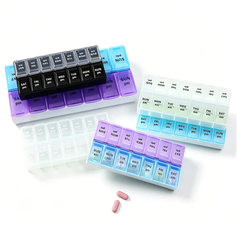 Portapillole Settimanale a 14 Scomparti, Contenitore per Pillole AM PM per 7 Giorni, Organizzatore Portatile da Viaggio per Medicinali, Vitamine, Integratori