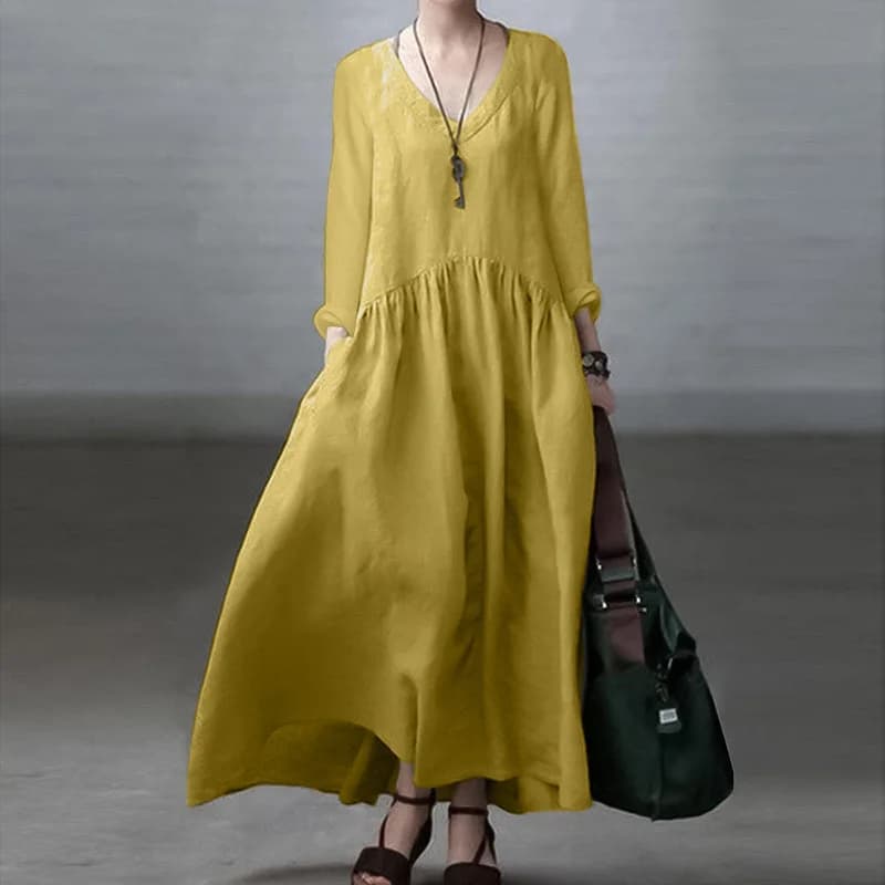 Abito lungo elegante in lino di cotone tinta unita per donna Primavera Autunno Casual scollo a V maniche lunghe Abiti maxi Abito semplice Femme