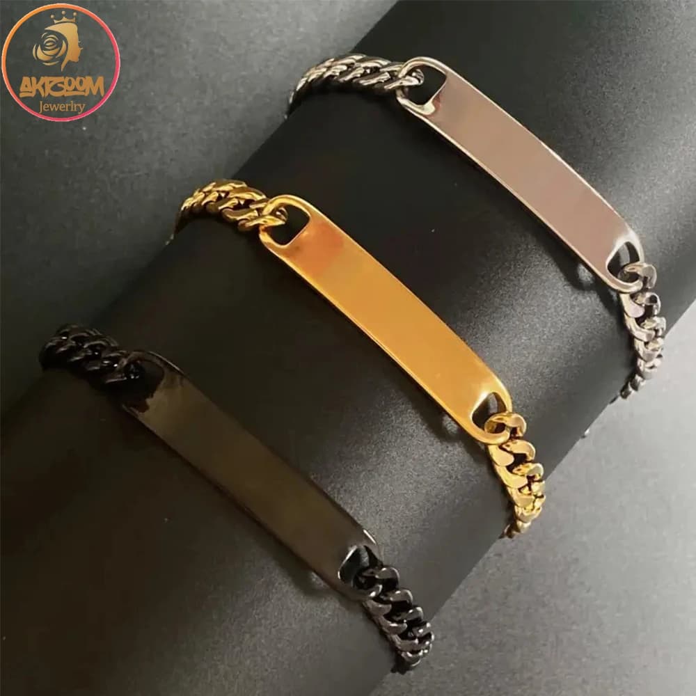 Akizoom Braccialetti da uomo punk color oro Barra vuota in acciaio inossidabile Catena cubana spessa per le donne Regalo di compleanno di gioielli per coppie di padre