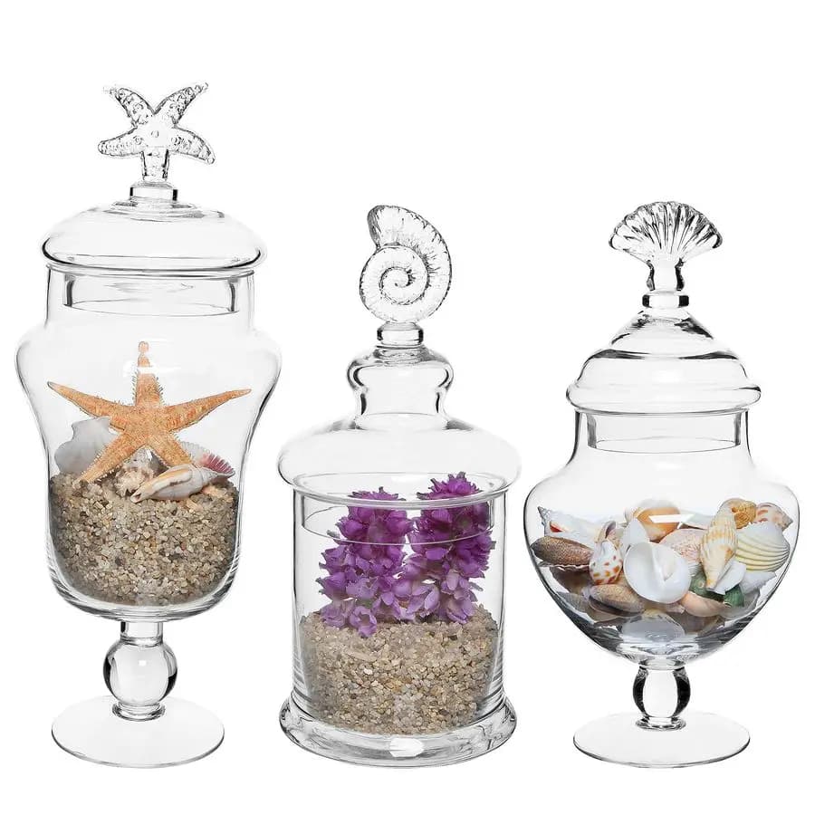 Transparent Glass Jars with Cover, Decorative Containers for Bathroom Shell Shape, Containers with Caramel Buffet Feet, Set of 3