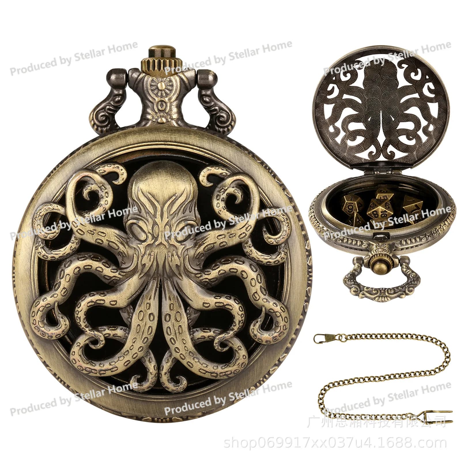 Set di Dadi a Forma di Polpo con Orologio da Tasca (Versione Simmetrica Sinistra e Destra) per Giochi da Tavolo di Scacchi e Carte