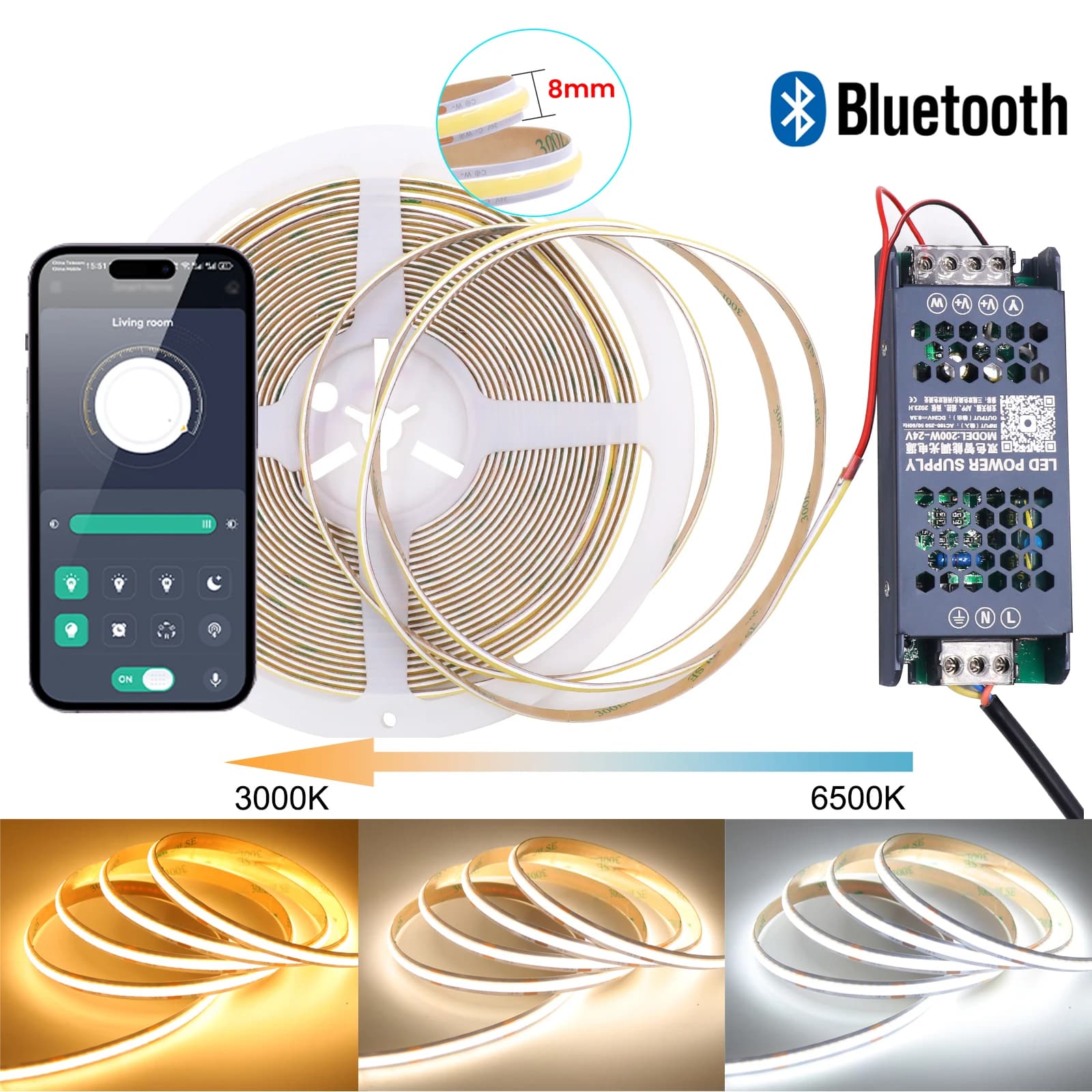 DC24V Bluetooth Dimming Power Supply CCT Dimmerabile COB LED Strip Lights Kit 576 led/m RA90 APP Controllo Nastro flessibile Room Decor