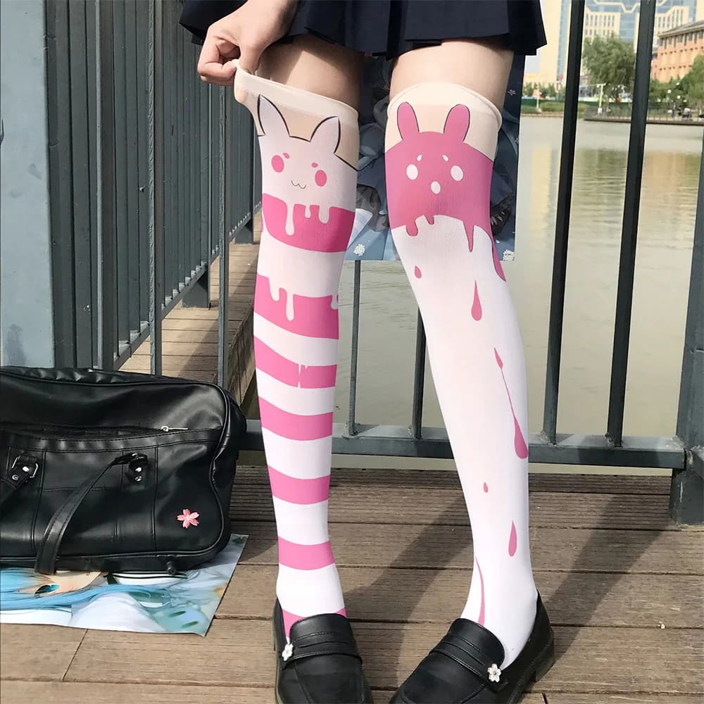 Nuove calze da ragazza alla moda con stampa 3d calze sfumate di fiori a strisce rosa viola dolci e carini calze abbinate Lolita JK