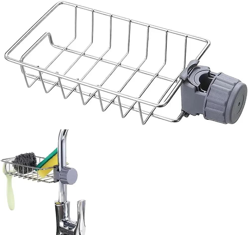 Stainless steel kitchen sink storage box, sponge and brush rack on faucet, rust-proof, adjustable universal faucet rack, quick drainage sink saves space