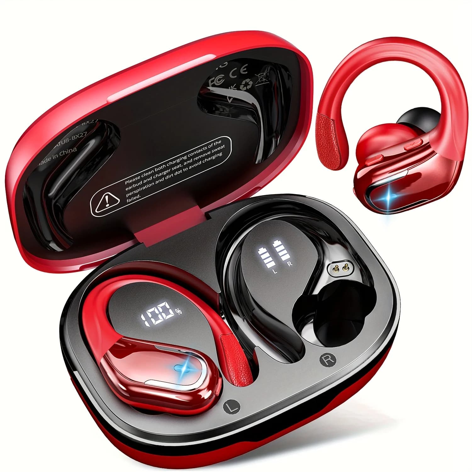 Wireless earphones for racing Sports wireless earphones with ear hooks, double LED display, sports headphones with noise cancellation