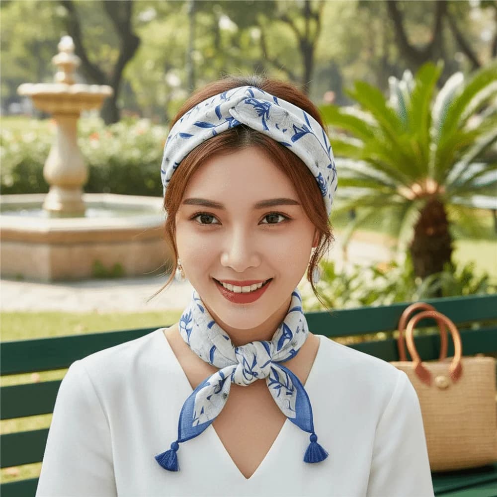 Foulard Quadrato in Cotone-Lino con Frange, Traspirante, Stampa Floreale Ciliegia, Morbido, Bandana per Capelli, per Trendsetter