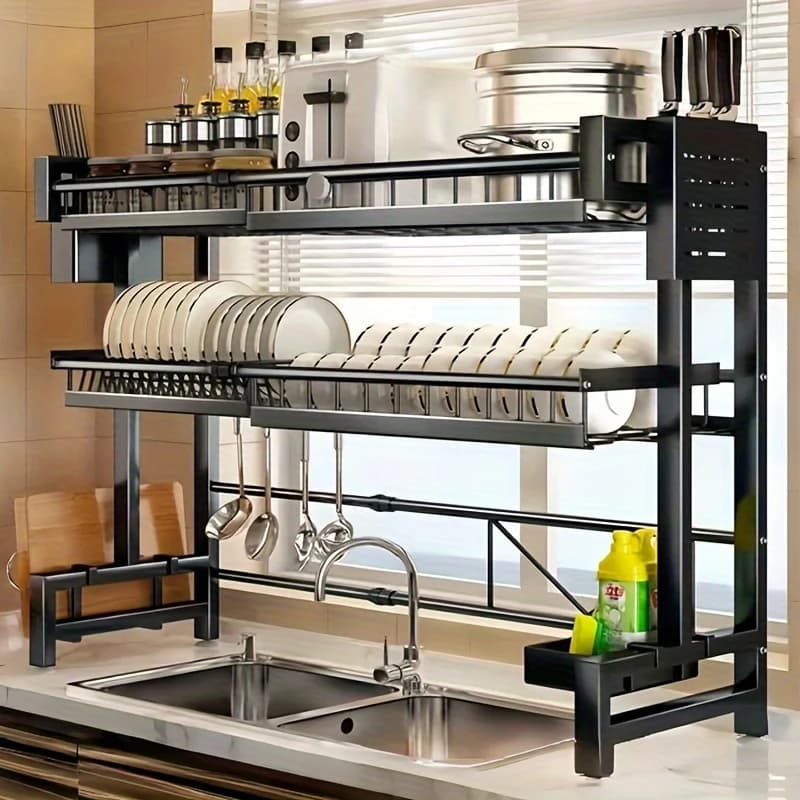 Scolapiatti multifunzionale retrattile per lavello da cucina, porta strofinacci e porta posate (forchette e coltelli) con doppio ripiano