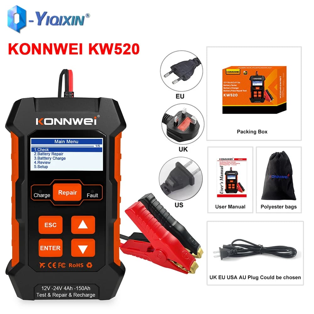Tester Caricabatterie KONNWEI KW520 12V 24V, Strumento di Riparazione Batterie Auto e Camion, Tester di Tensione 100-2000CCA
