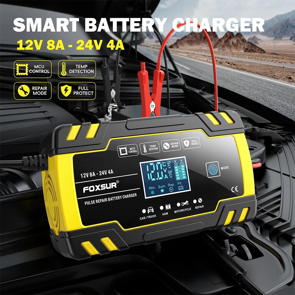 12V 8A 24V 4A Smart Auto Pulse Repair Charger LCD Display For AGM Gel Auto Moto Truck Battery Rain 85AH 100AH 120AH