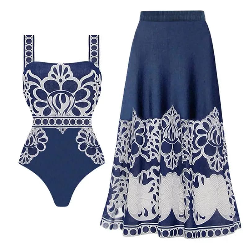 Costume da bagno intero estivo 2025 e gonna Flaxmaker Set di costumi da bagno stampati vintage Femme Retro Beachwear