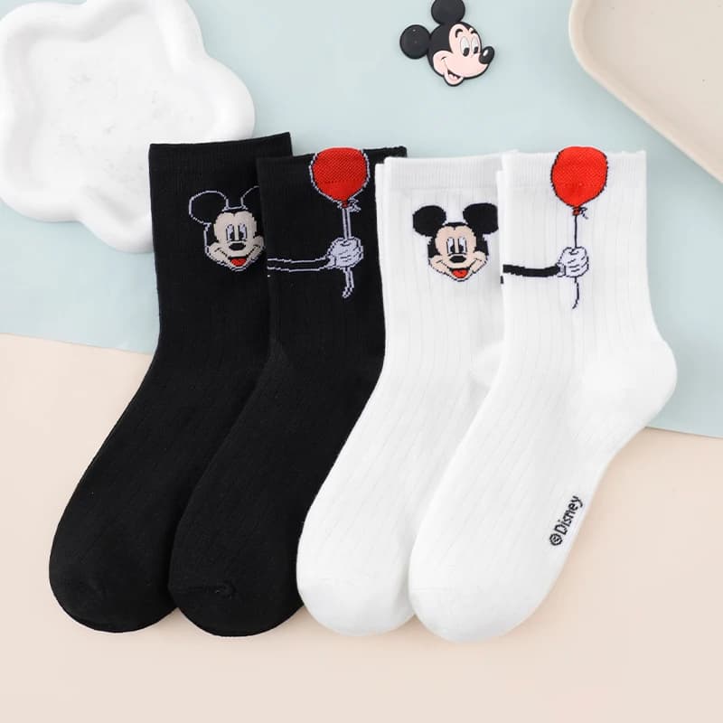 4 Pairs of New Disney Sweet and Cute Cartoon Women's Socks Black and White Mickey Minnie Cotton Printed Knitted Mid Tube Socks