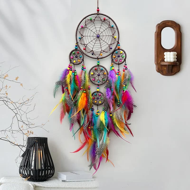 Bohemian Large Feathers Dream Catcher With 5 Rings Wall Hangings Ornaments Window Pendants Bedroom Decorations For Girls Gifts