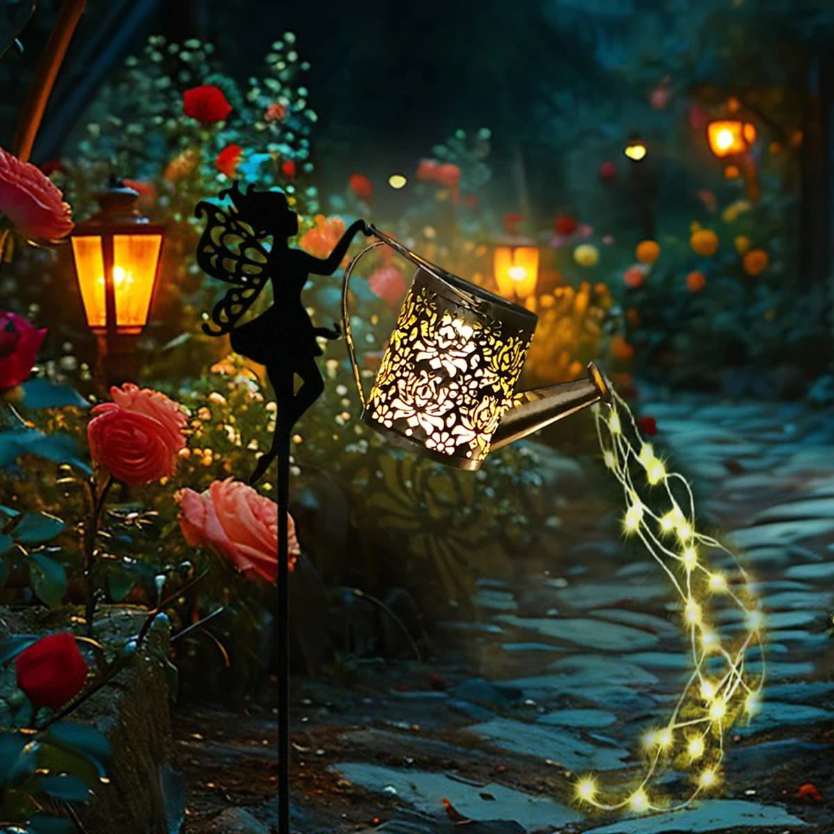 Annaffiatoio solare con luci a corda da fata, effetto acqua corrente, illuminazione per decorazioni paesaggistiche per esterni, giardino, patio