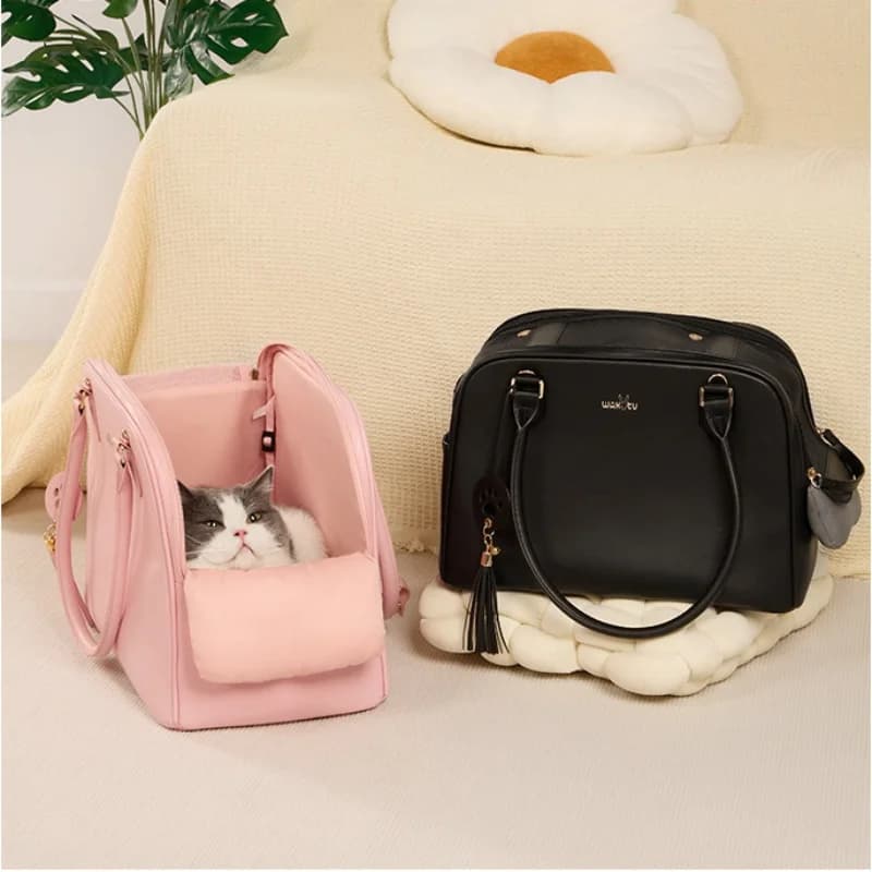 Borsa porta gatti in pelle di lusso borsa per animali domestici per cuccioli di coniglio Borsa da viaggio portatile Porta animali a tracolla approvata dalla compagnia aerea rosa