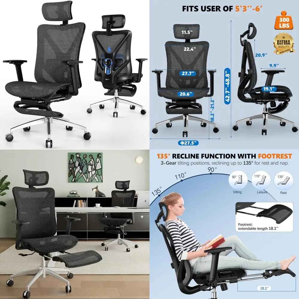 Sedia da ufficio ergonomica con poggiapiedi, 135 ° Recline, supporto lombare regolabile, braccioli 3D, poggiatesta e cuscino lombare