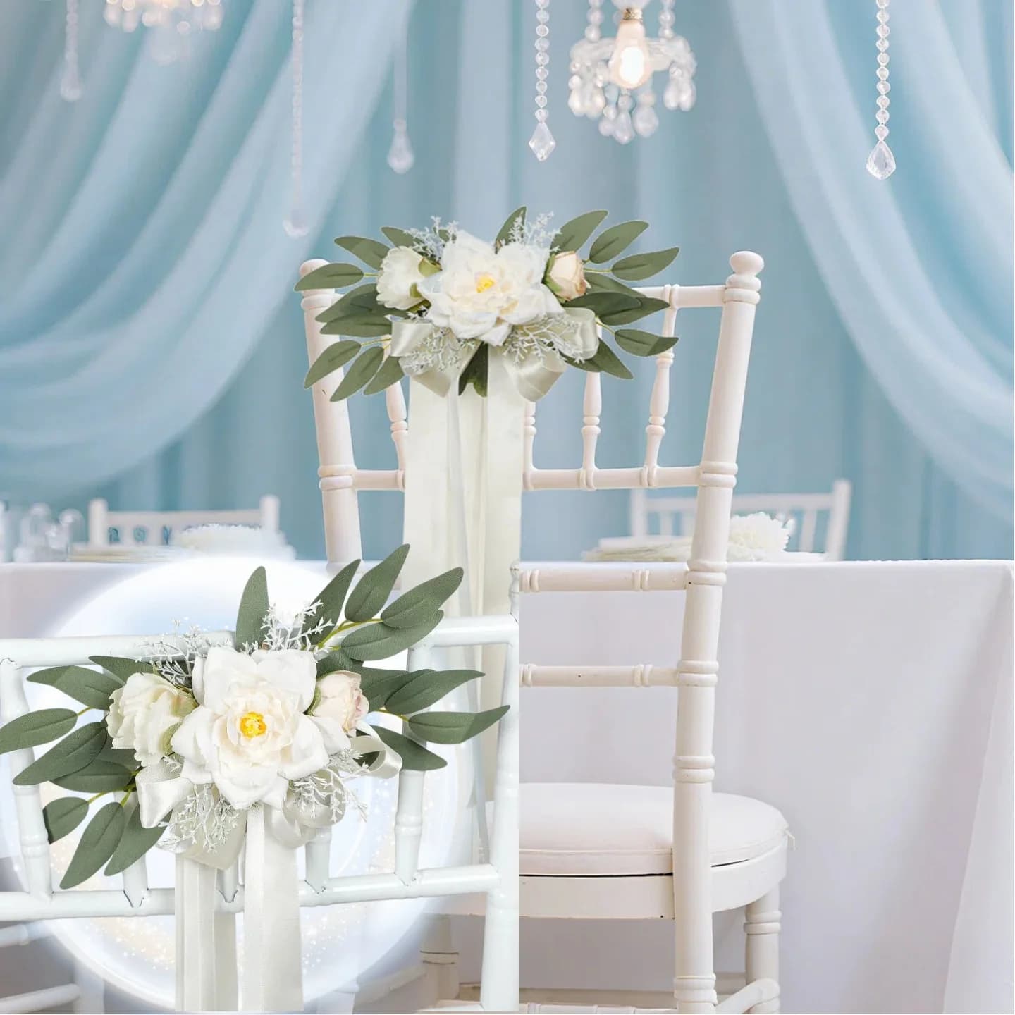 1pc Wedding Chair Flowers Nordic Style Silk Eucalyptus Leaves Artificial Green Plants for Ceremony Wedding Flower Arrangement