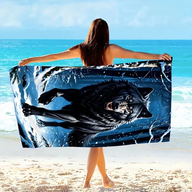 Asciugamano da spiaggia Black Wolf - Microfibra ultra morbida, ad asciugatura rapida, con immagine di lupo misterioso, per viaggi, nuoto, campeggio, lavabile