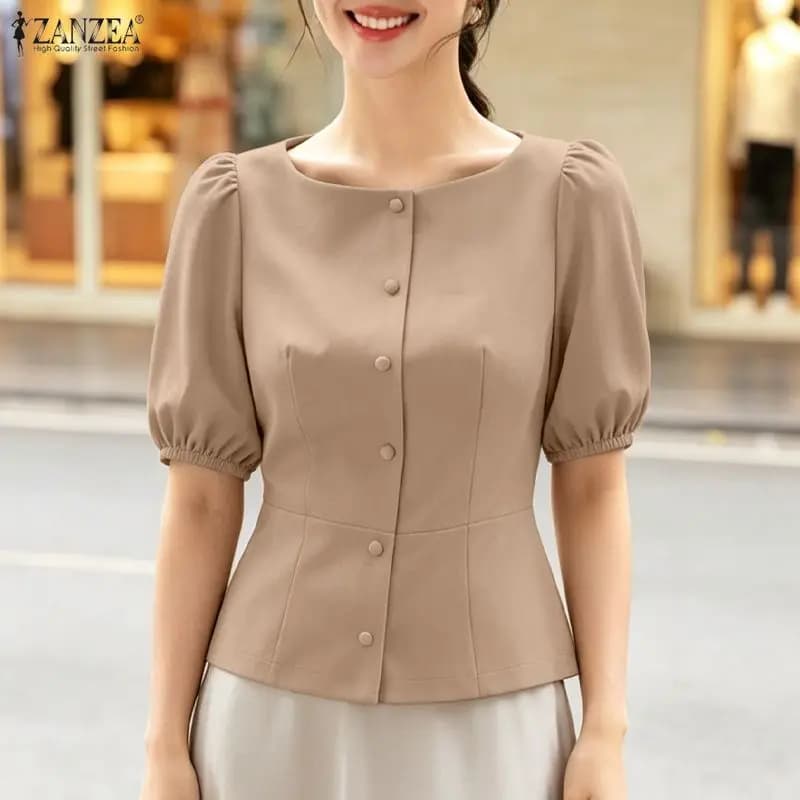 2026 ZANZEA Camicetta Estiva Elegante e Alla Moda con Maniche Corte a Sbuffo, Top Slim Fit da Donna, Camicia da Lavoro Casual Tinta Unita con Bottoni, Blusa