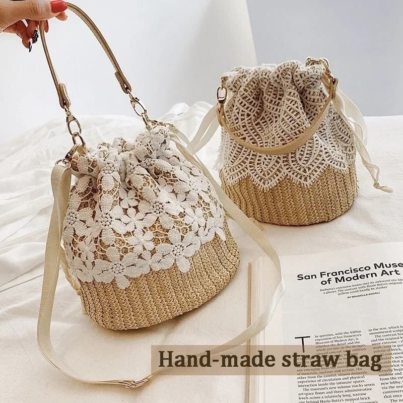 2023 New Straw Plaited Article Women Lace Bucket Bag Causal Holiday Beach Bag Elegant Lace Staw Handbag Shoulder Crossbody Bags