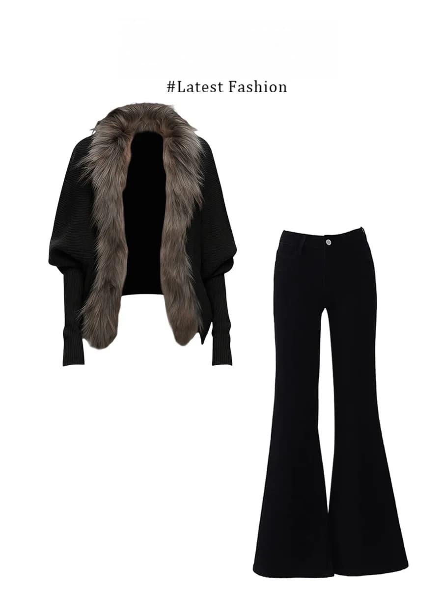 Set Invernale alla Moda Coreana: Giacca Lavorata a Maglia con Maniche a Pipistrello e Pantaloni a Vita Alta Slim Fit