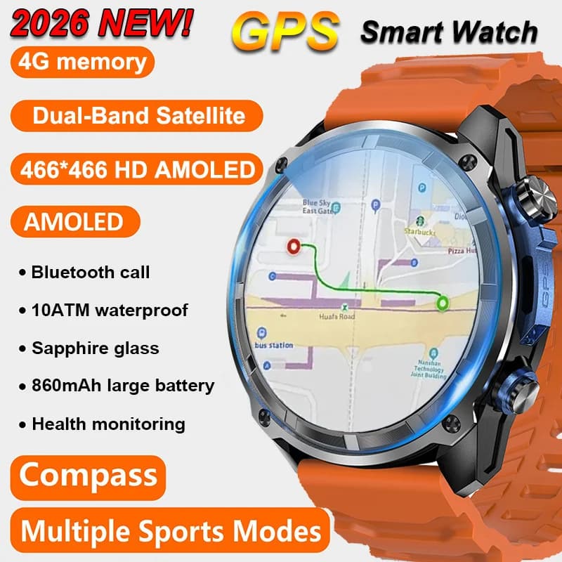 Nuovo Smartwatch Militare GPS 2026 per Esterni con Mappe Offline, Bussola, Memoria 4GB, 100+ Sport, Chiamate Bluetooth, Impermeabile, Braccialetto Intelligente
