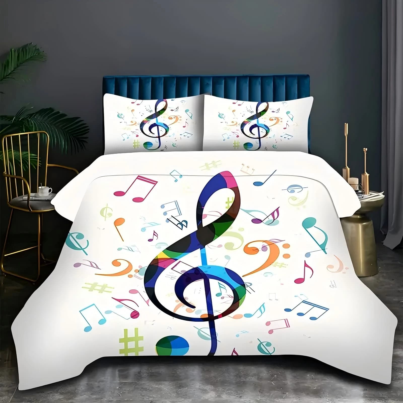 3D Printed Moisturine Cover Set with Rainbow Notes Pattern Colorful Style Curtain Set with Abstract Art Soft and comfortable Luxury Bedding Set