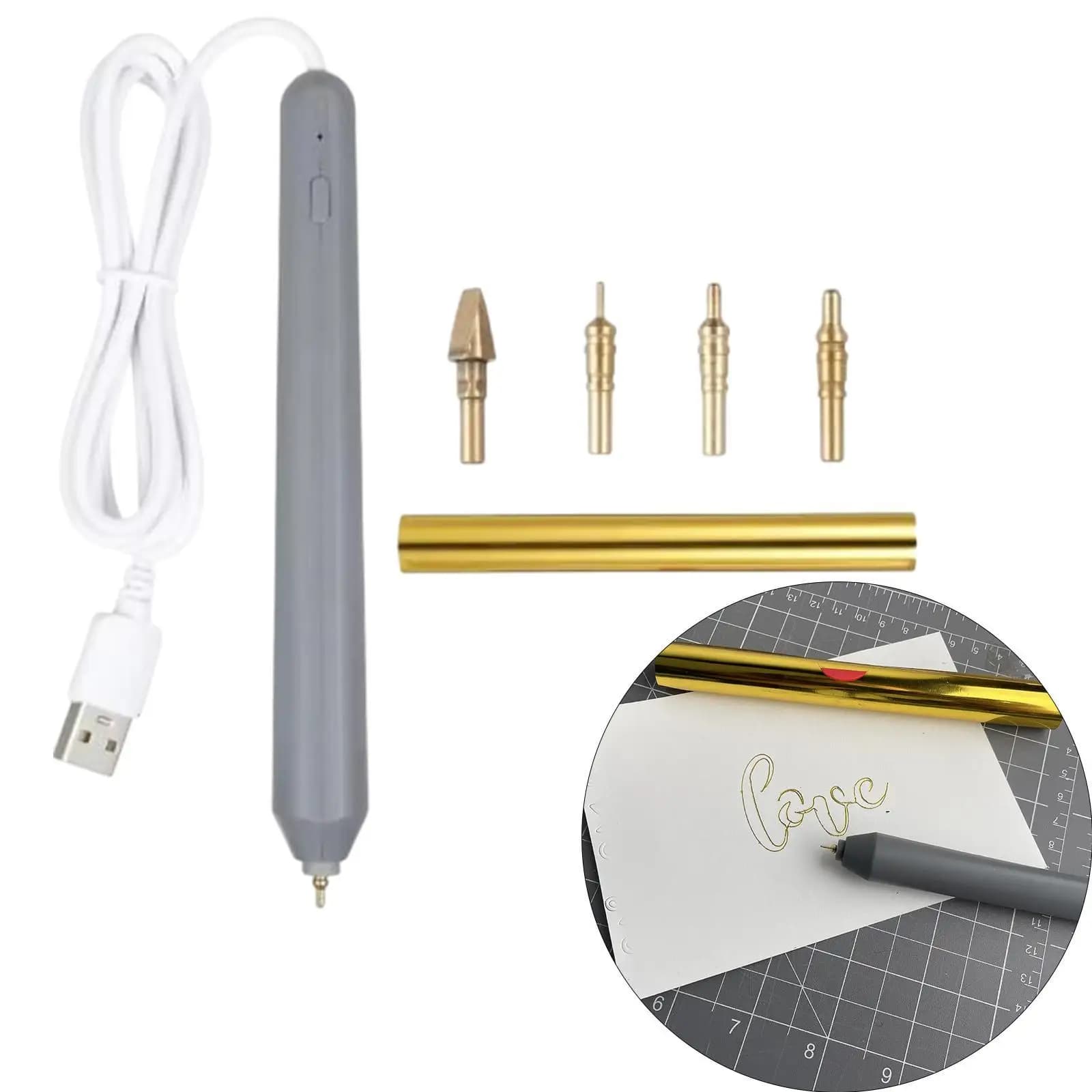 USB Heat Foil Pen Hot Embossing Stamping Pen Easy to Use Practical with 4 Size Tips Scrapbooking Tool Kit for Card Making