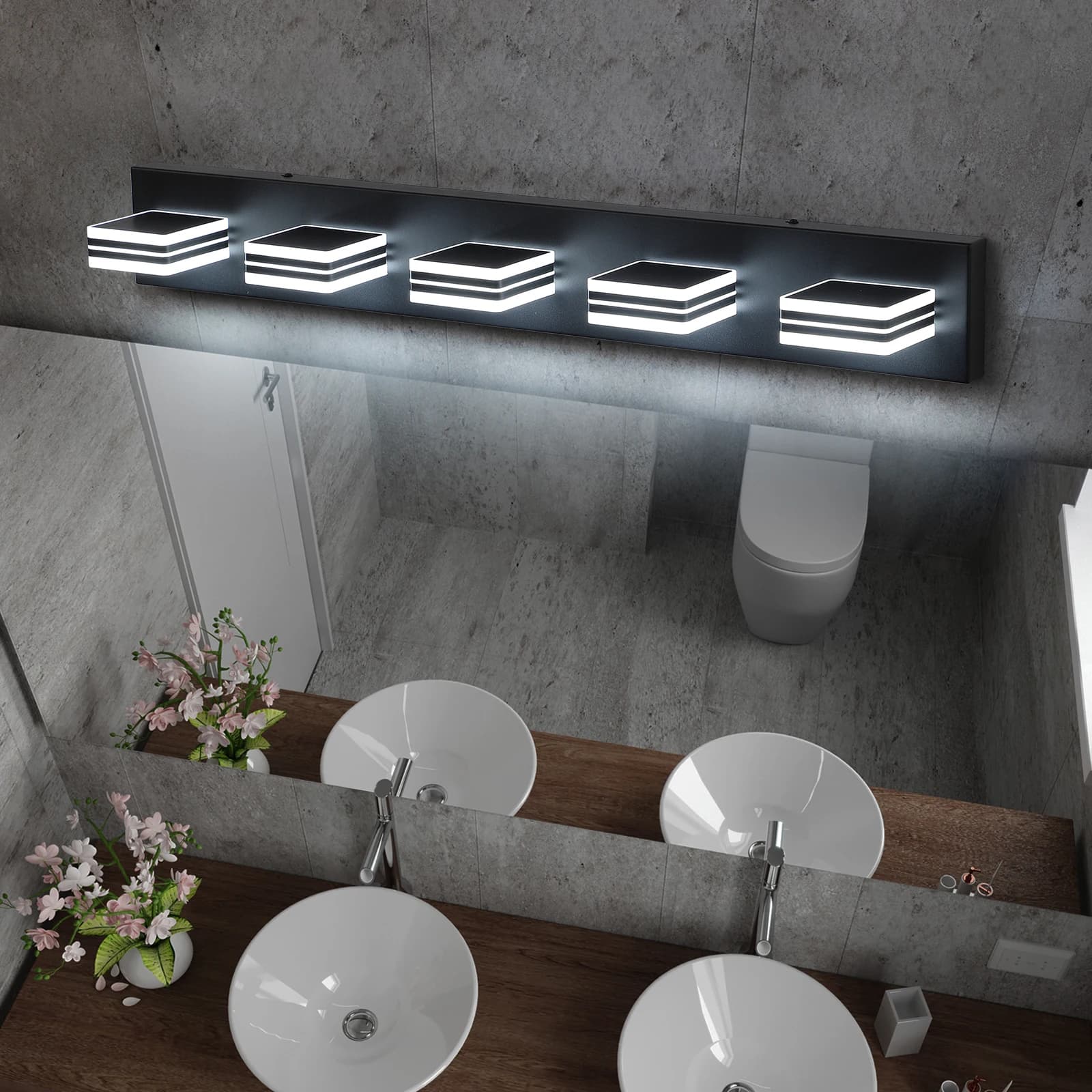 Lampada da Bagno Moderna a 5 Luci LED per Specchio Lungo, Illuminazione da Parete in Acrilico Nero Opaco con Luce Verso l'Alto e verso il Basso