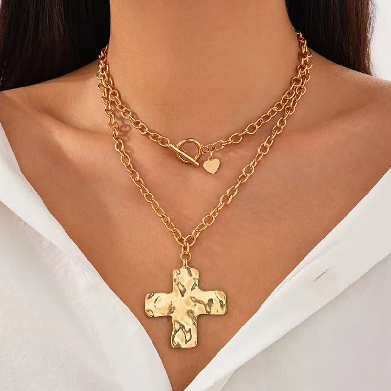Hot sale Gold Layered Chunky Cross Necklace for Women Cross Layering Pendant Statement Necklace