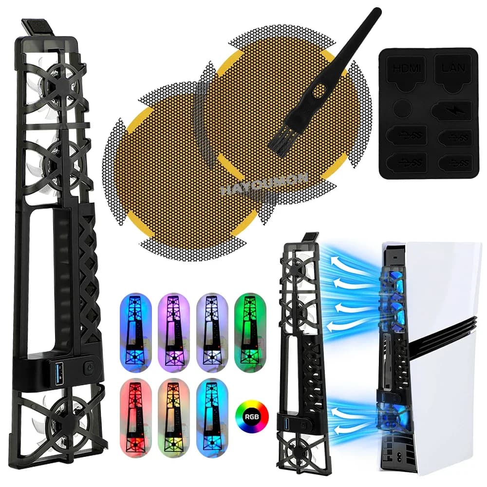 Ventola di raffreddamento con luce RGB per console PS5 Pro/PS5 Slim, sistema di raffreddamento silenzioso con porta USB, filtro antipolvere e set di accessori con spina.