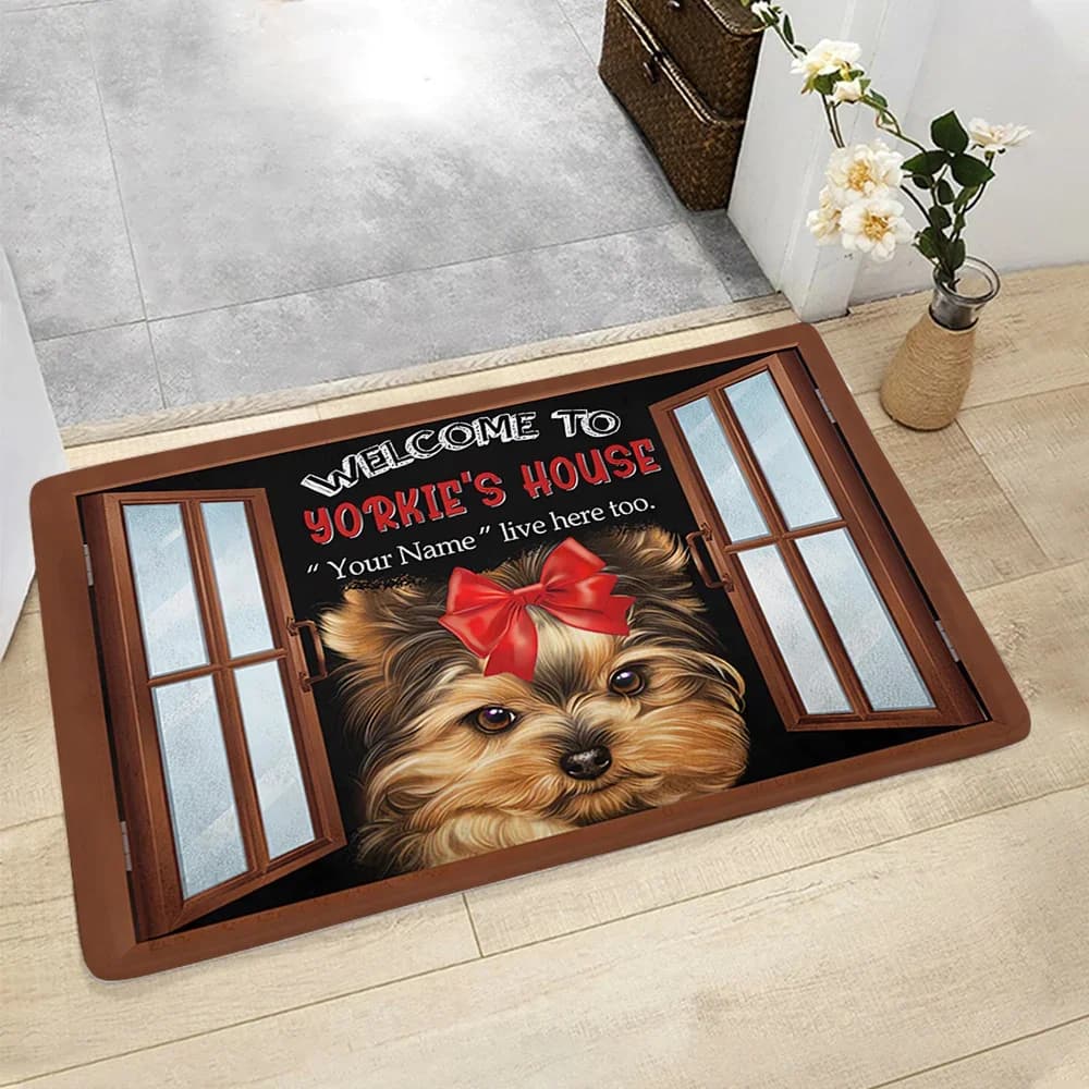 Tappetino per interni in flanella con stampa personalizzata del tuo nome e il messaggio 'Benvenuti a casa di Yorkshie', per animali domestici e amanti dei cani Yorkshire, decorazione per la casa.