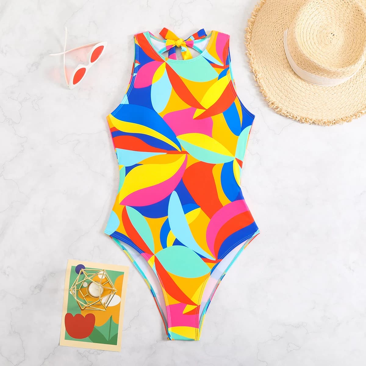 Costume da Bagno Intero Color Block 2026, Senza Schienale, Stampato, Imbottito, per Donna, Abbigliamento da Spiaggia Estivo
